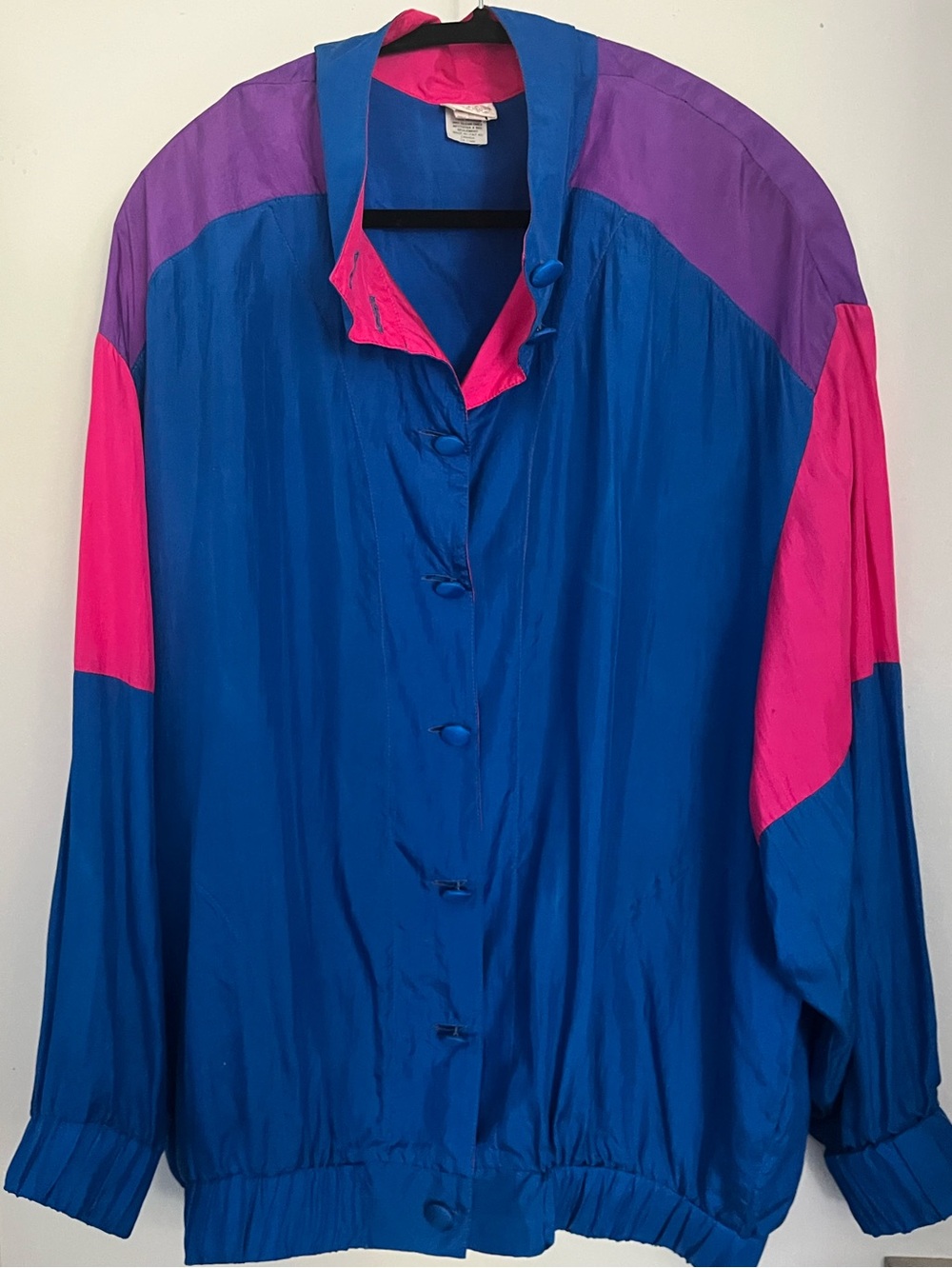 100% Silk Colourblock Bomber Jacket XL Cobalt Pink Purple